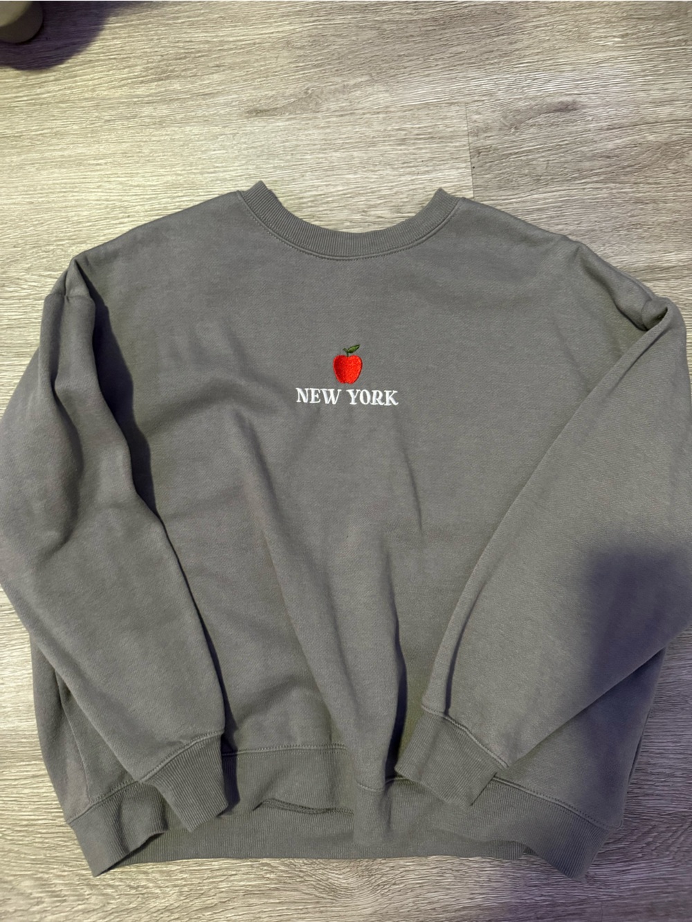 Forever 21 Gray Crewneck Sweatshirt with Red Apple Embroidery